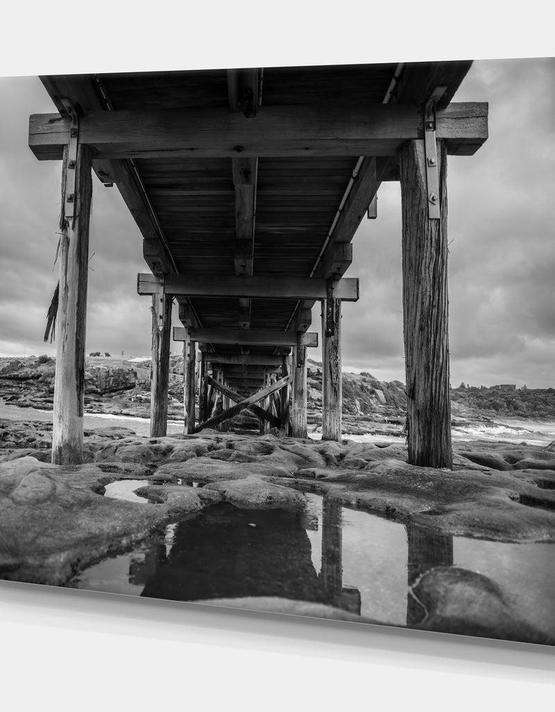 DesignQ Black And White Large Wooden Bridge - Sea Bridge Canvas Wall Artwork