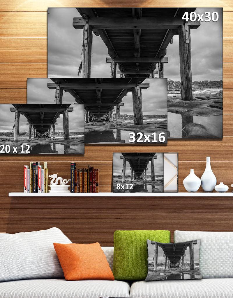 DesignQ Black And White Large Wooden Bridge - Sea Bridge Canvas Wall Artwork