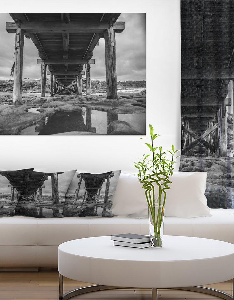 DesignQ Black and White Large Wooden Bridge - Sea Bridge Canvas Wall Artwork