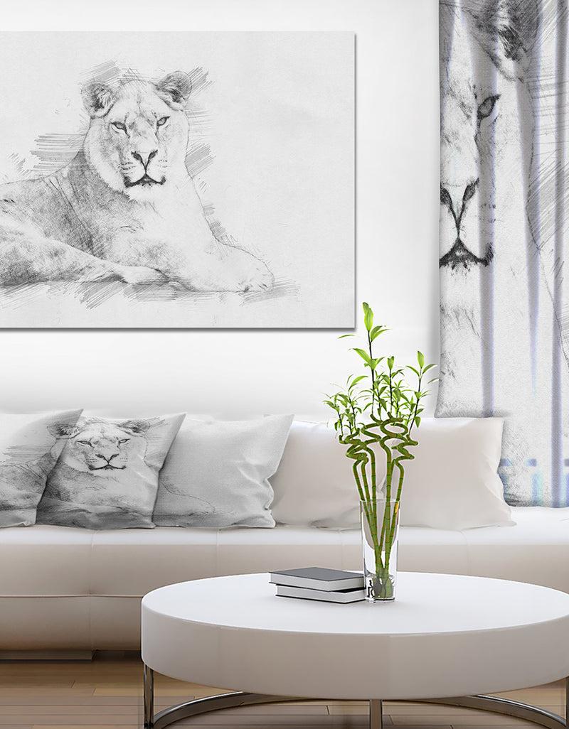 DesignQ Black and White Lion Sketch - Animals Painting Print on Wrapped Canvas