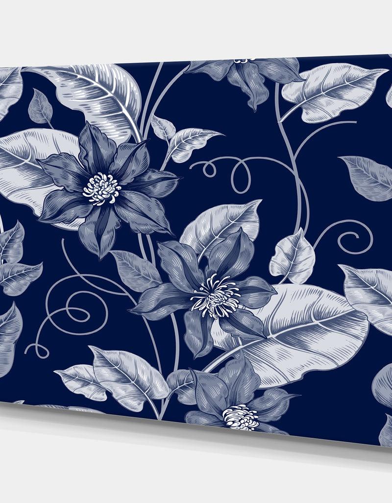 DesignQ Black And White Pattern With Flowers Clematis. - Cottage Canvas Wall Art