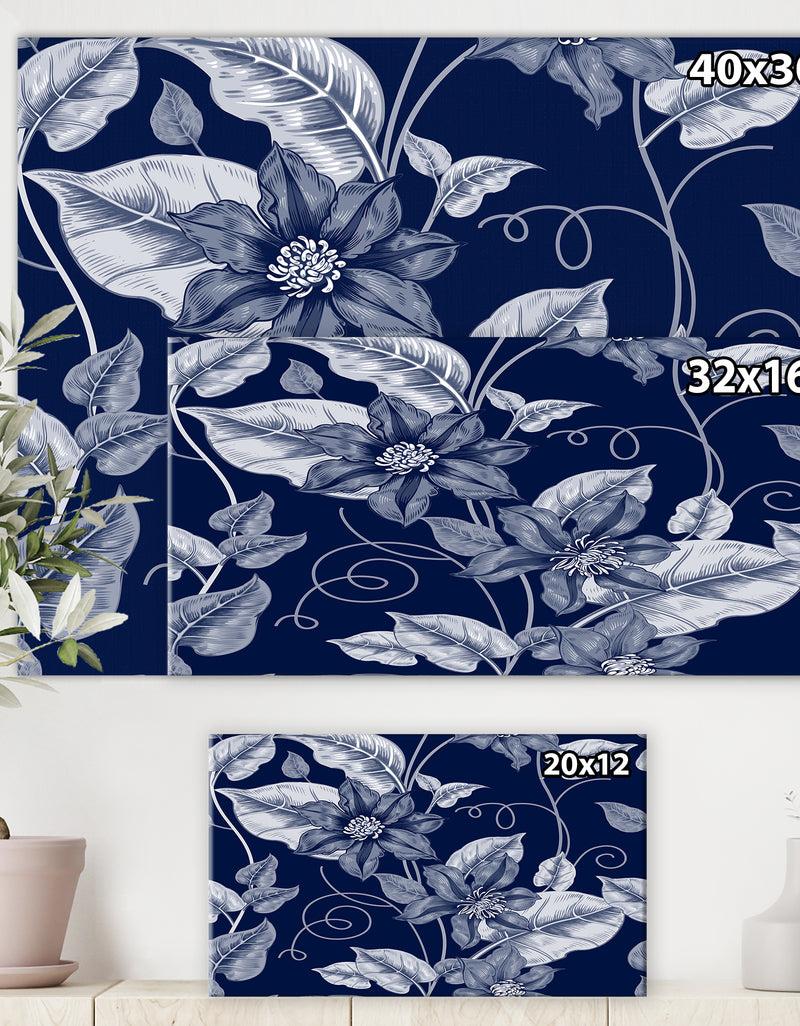 DesignQ Black And White Pattern With Flowers Clematis. - Cottage Canvas Wall Art