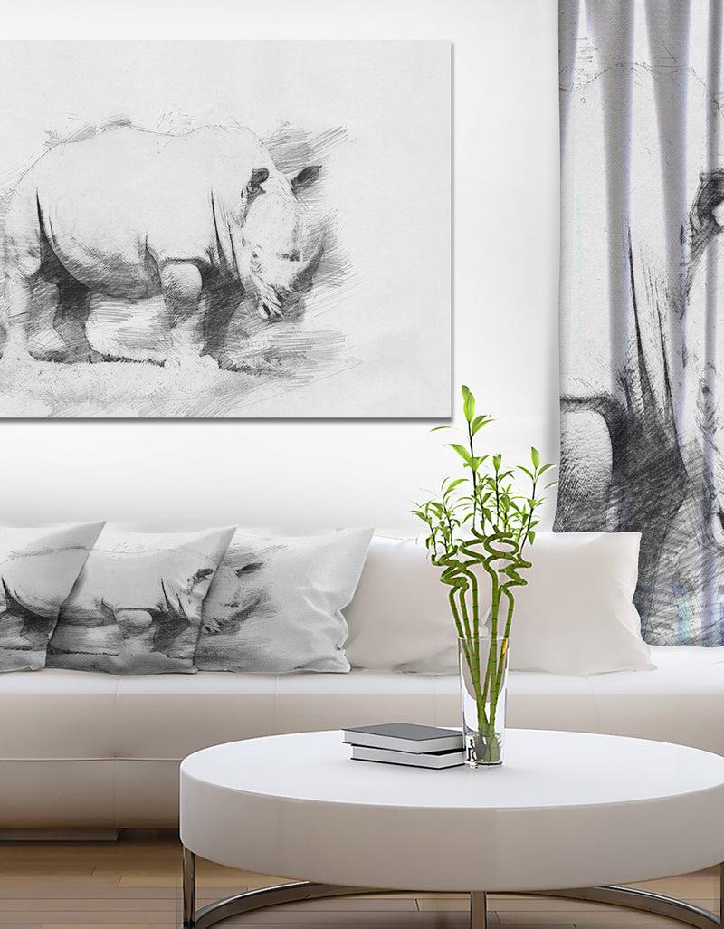 DesignQ Black and White Rhino Sketch - Animals Painting Print on Wrapped Canvas