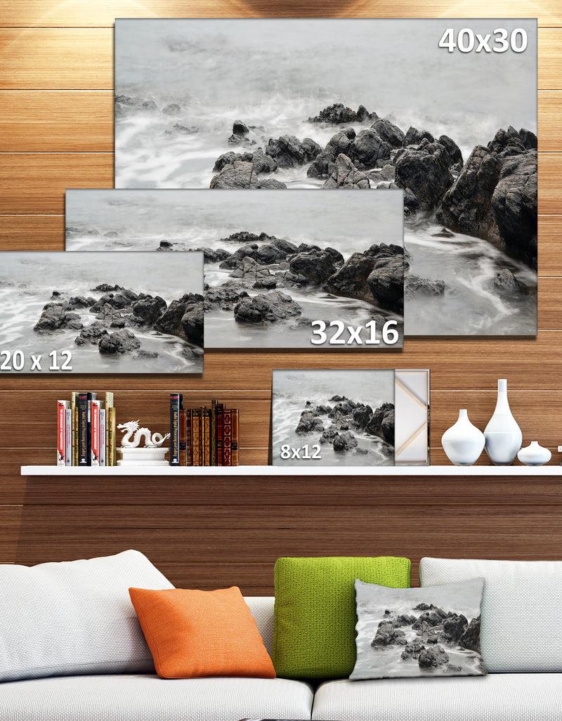 DesignQ Black And White Rocky Coastline - Extra Large Seashore Canvas Art