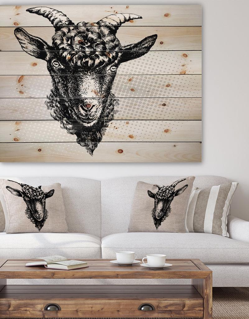 DesignQ Black Goat - Farmhouse Animal Painting Print on Natural Pine Wood