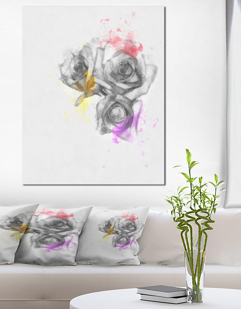 DesignQ Black White Watercolor Rose Sketch - Floral Canvas Artwork Print