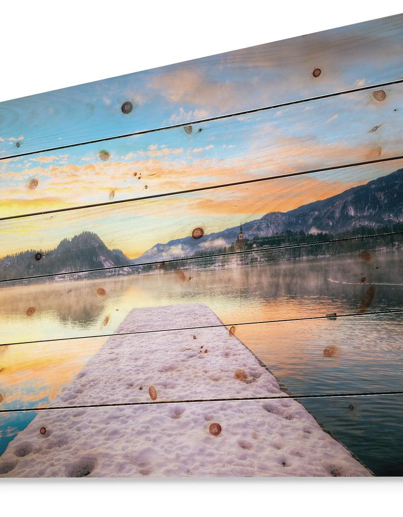 DesignQ Bled With Lake In Winter Slovenia - Bridge Print On Natural Pine Wood