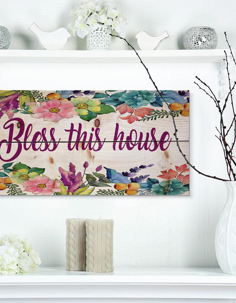 DesignQ Bless this house. Floral - Textual Entrance Art on Wood Wall Art