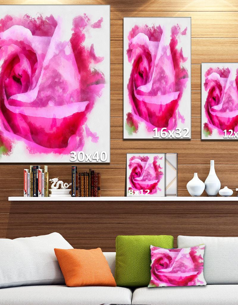 DesignQ Bloomy Pink Rose Watercolor Drawing - Floral Canvas Artwork Print