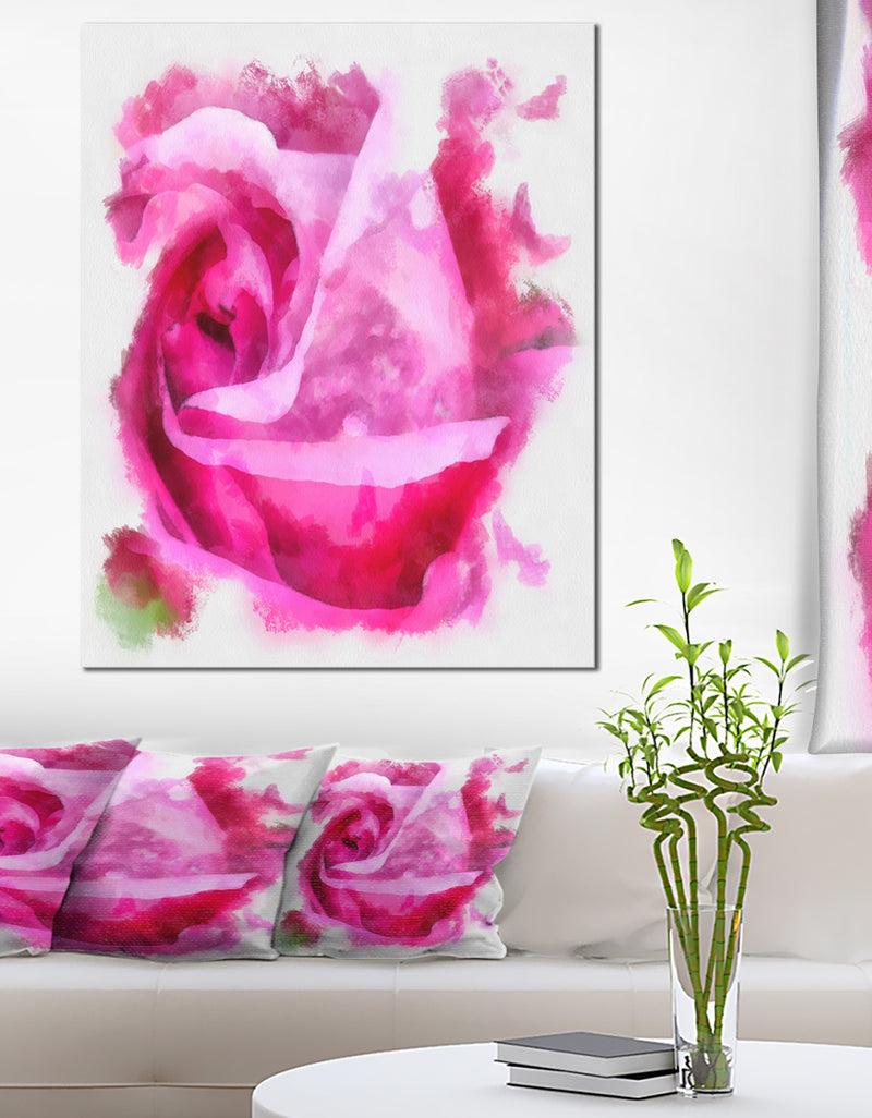 DesignQ Bloomy Pink Rose Watercolor Drawing - Floral Canvas Artwork Print