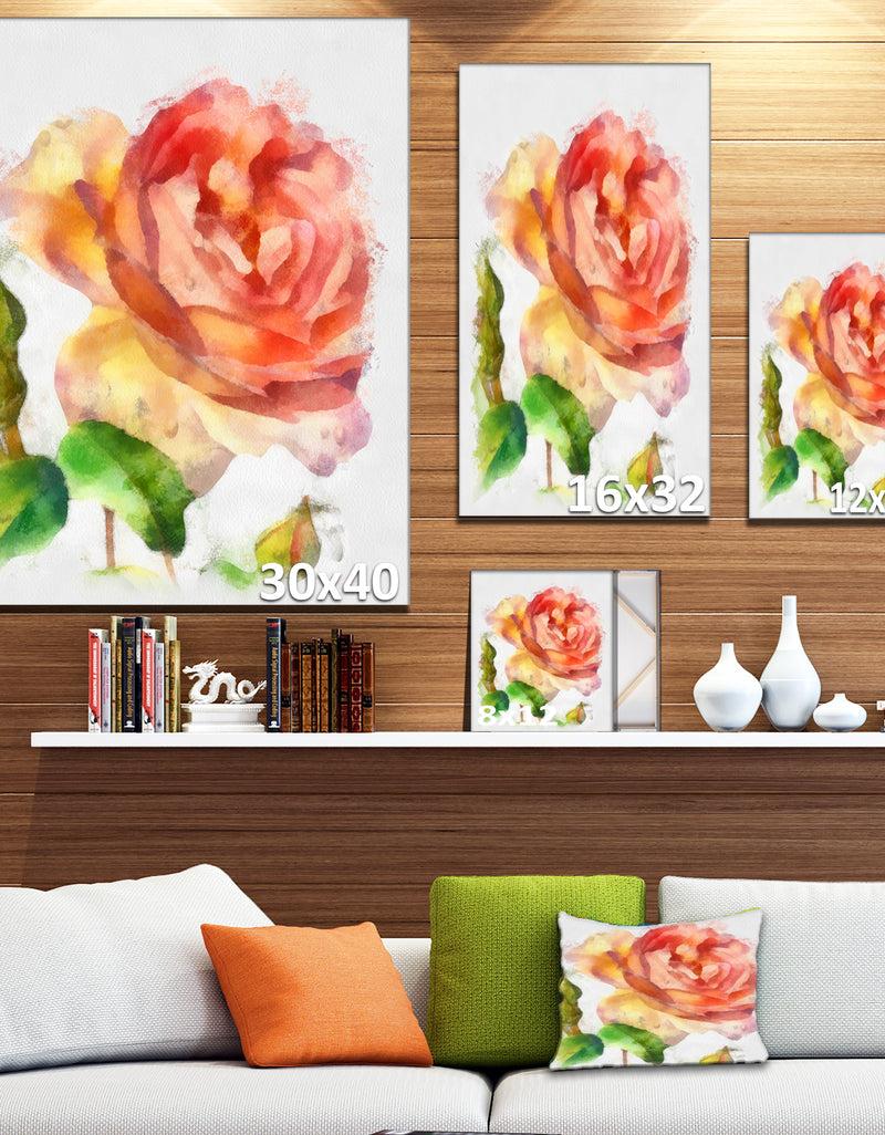 DesignQ Bloomy Red Rose Watercolor Drawing - Floral Canvas Artwork Print