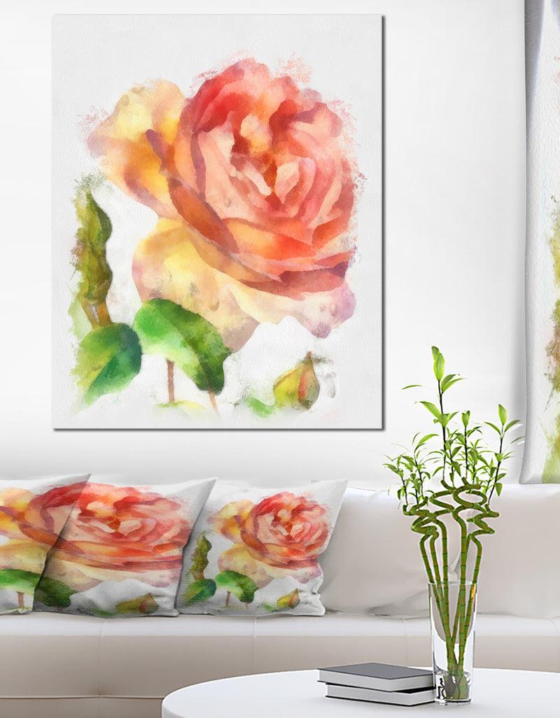 DesignQ Bloomy Red Rose Watercolor Drawing - Floral Canvas Artwork Print