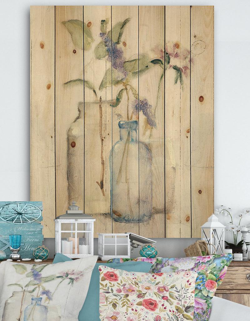 DesignQ Blossoms on Birch Cottage Bouquet I - Farmhouse Print on Natural Pine Wood