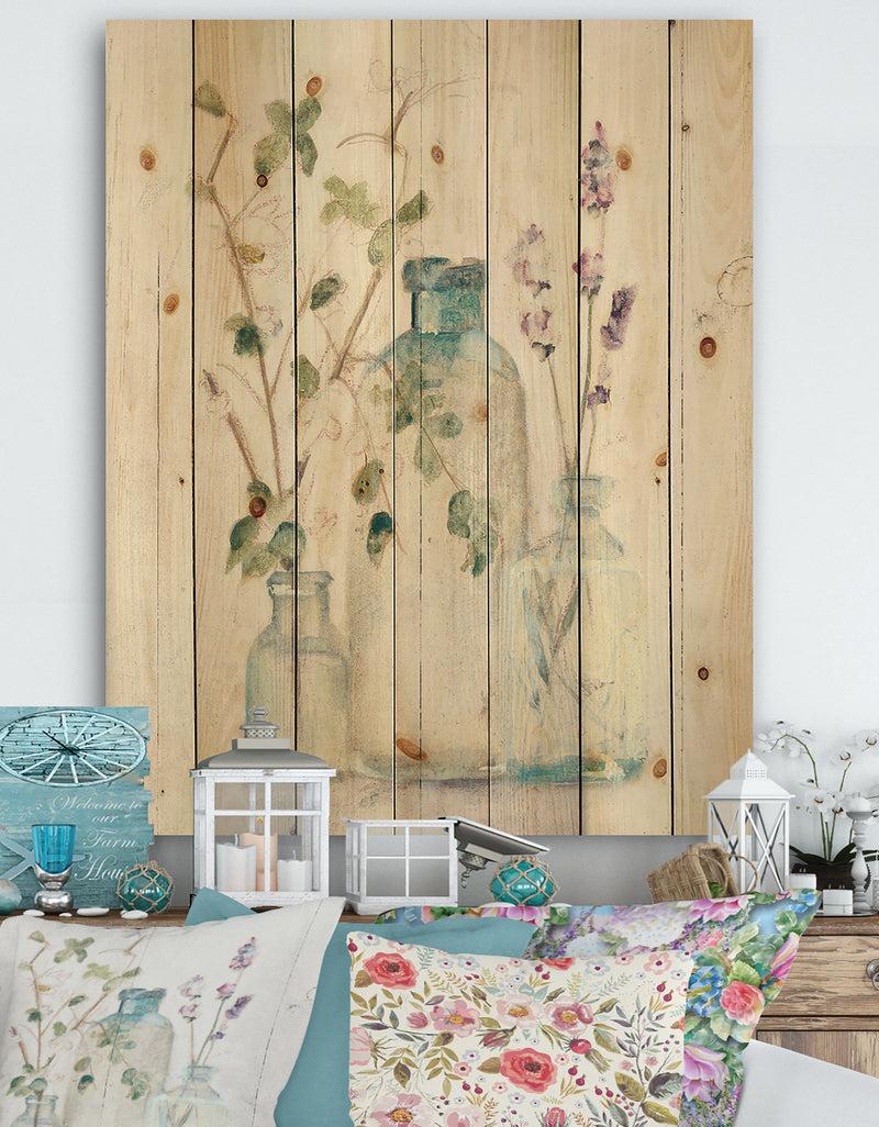 DesignQ Blossoms on Birch Cottage Bouquet IV - Farmhouse Print on Natural Pine Wood