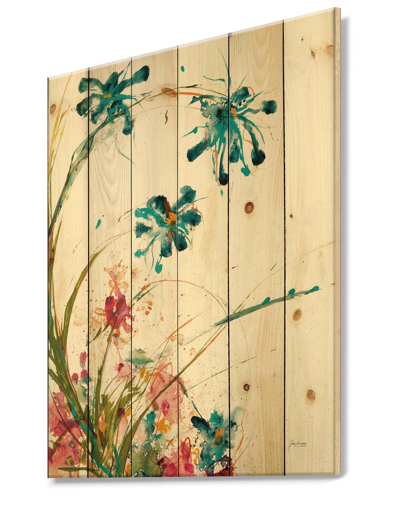DesignQ Blue Abstract Blossoming Farmhouse Flowers - Modern Farmhouse Print On Natural Pine Wood