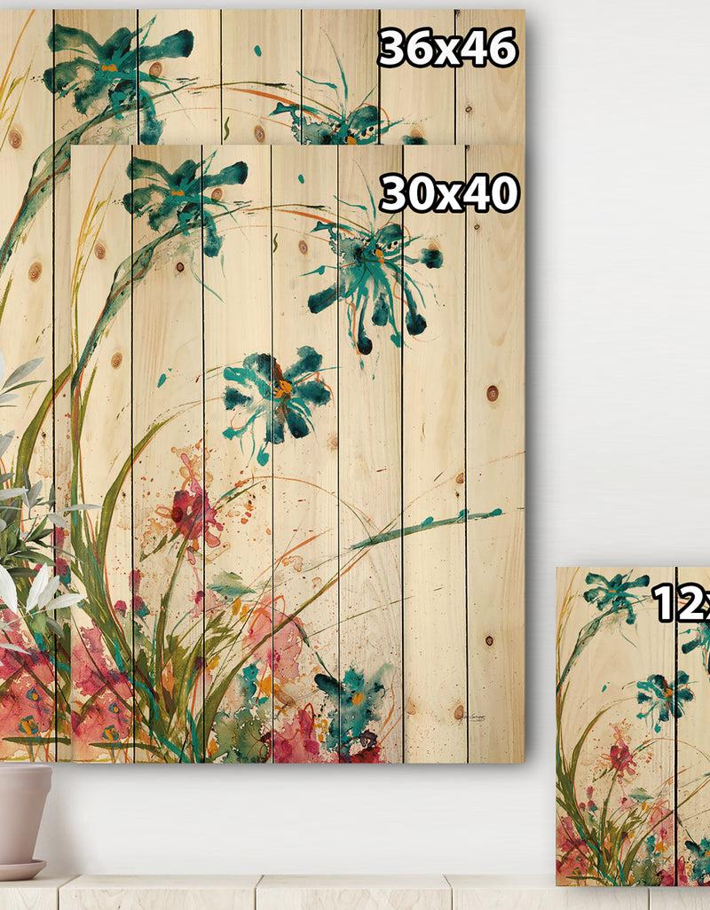 DesignQ Blue Abstract Blossoming Farmhouse Flowers - Modern Farmhouse Print On Natural Pine Wood
