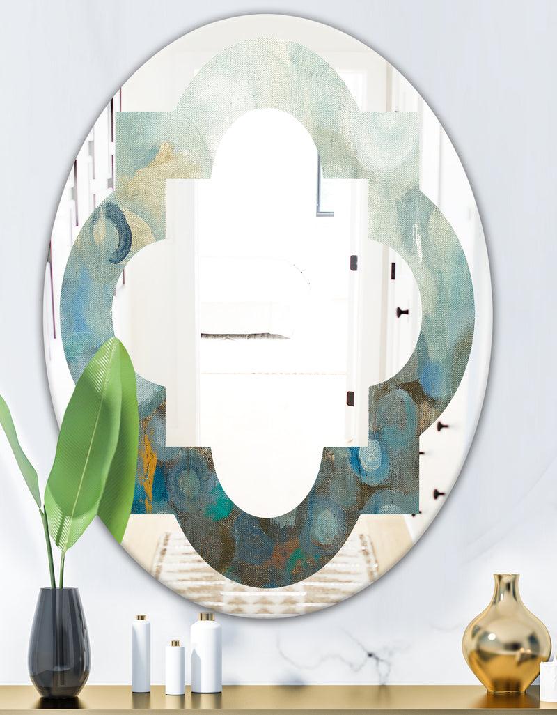 DesignQ Blue And Bronze Dots On Glass II - Modern Round Or Oval Wall Mirror - Quatrefoil