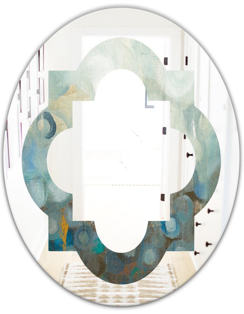 DesignQ Blue And Bronze Dots On Glass II - Modern Round Or Oval Wall Mirror - Quatrefoil