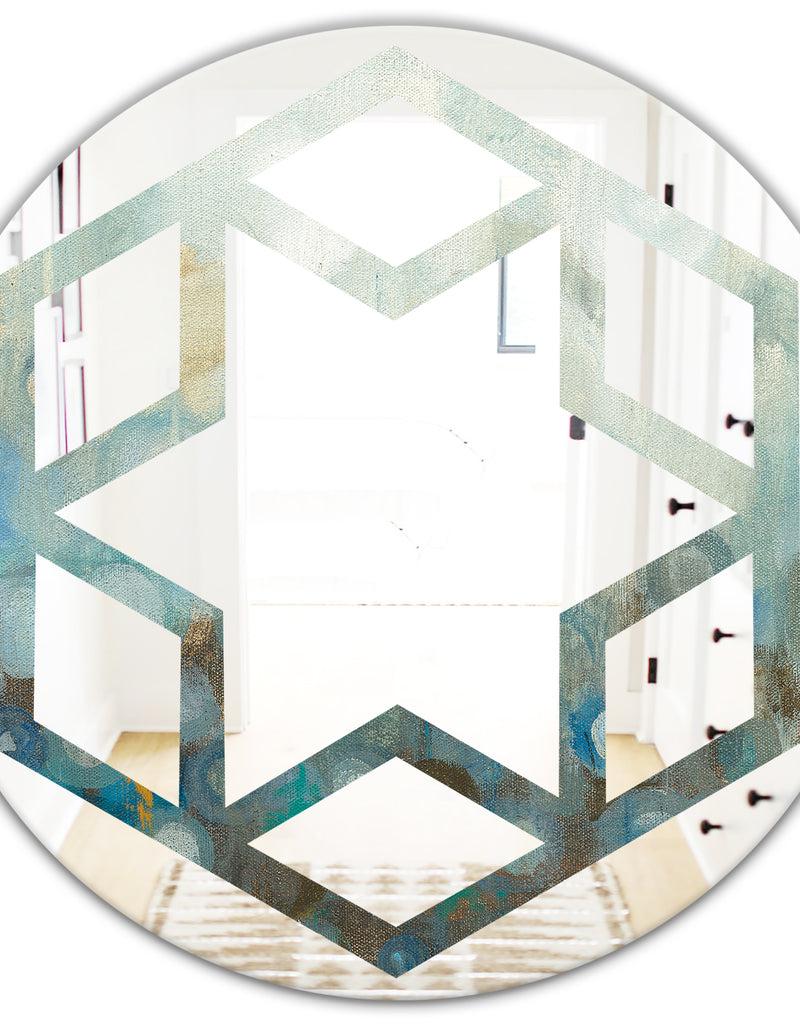 DesignQ Blue And Bronze Dots On Glass II - Modern Round Or Oval Wall Mirror - Hexagon Star