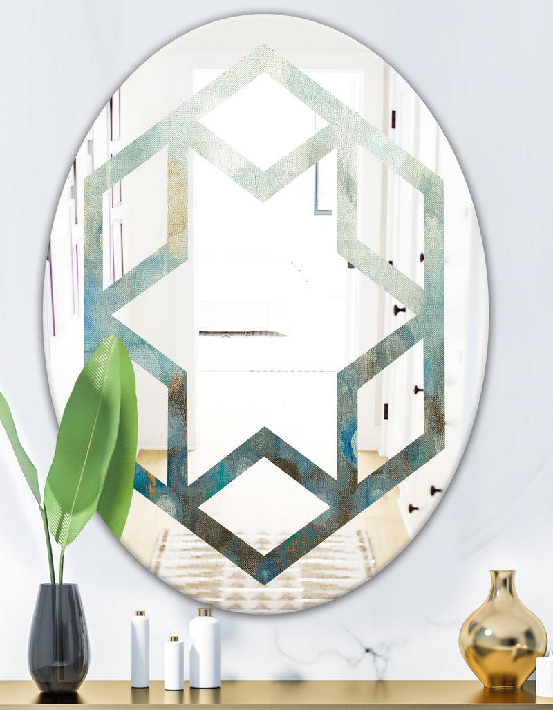 DesignQ Blue And Bronze Dots On Glass II - Modern Round Or Oval Wall Mirror - Hexagon Star