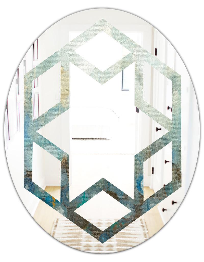 DesignQ Blue And Bronze Dots On Glass II - Modern Round Or Oval Wall Mirror - Hexagon Star