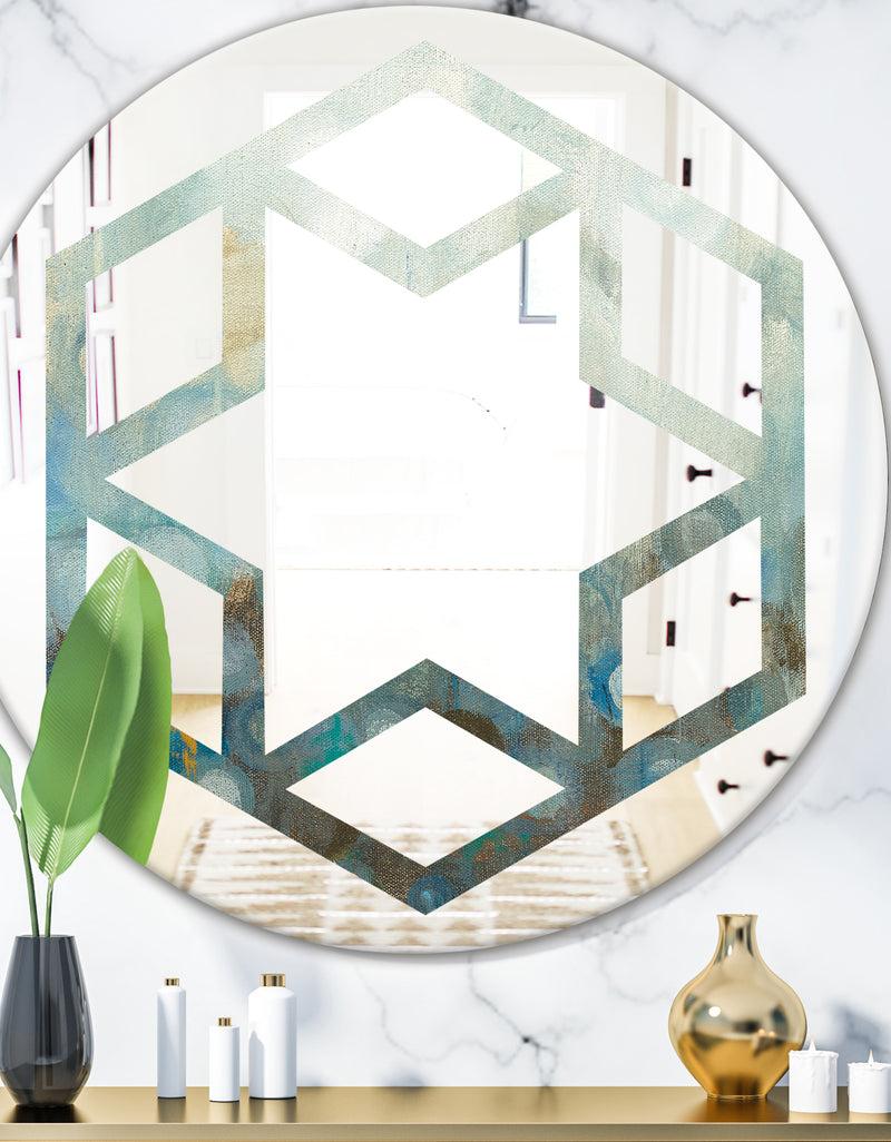 DesignQ Blue and Bronze Dots On Glass II - Modern Round or Oval Wall Mirror - Hexagon Star