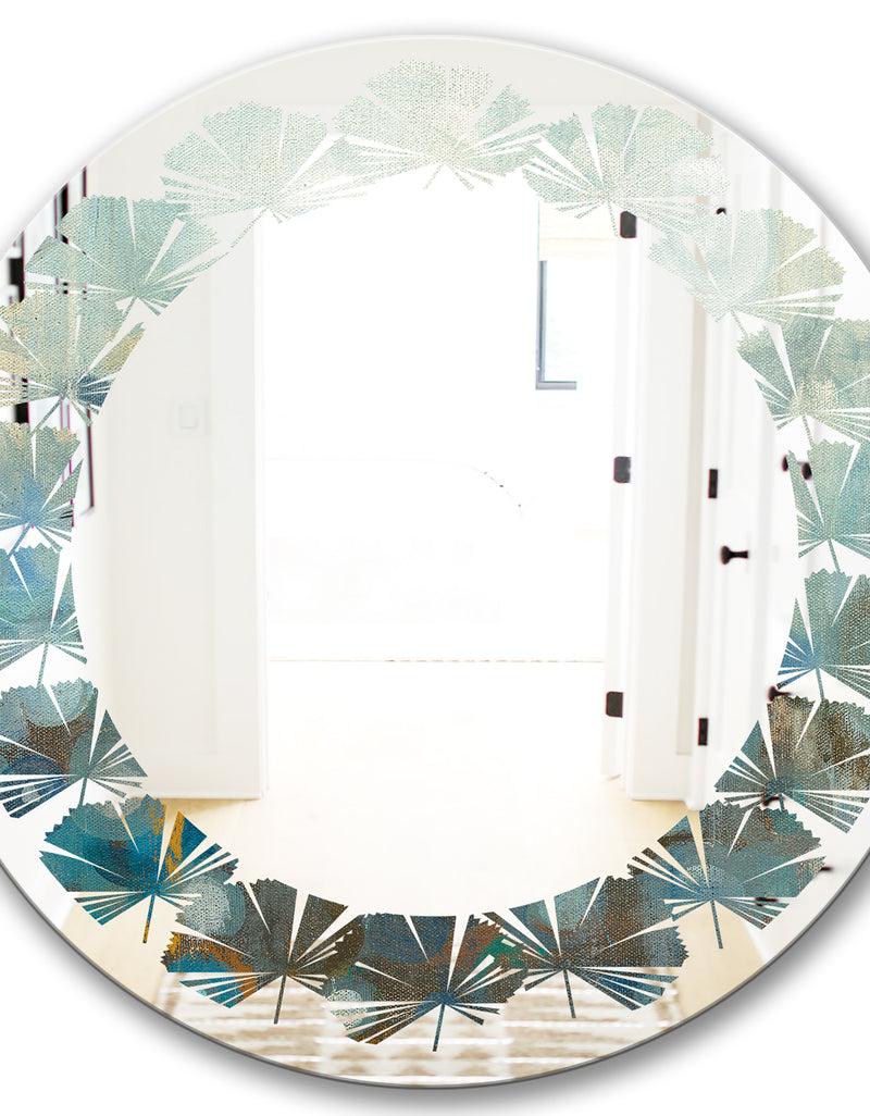 DesignQ Blue And Bronze Dots On Glass II - Modern Round Or Oval Wall Mirror - Leaves