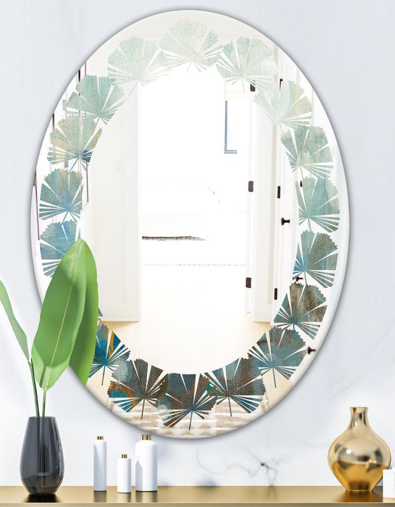 DesignQ Blue And Bronze Dots On Glass II - Modern Round Or Oval Wall Mirror - Leaves