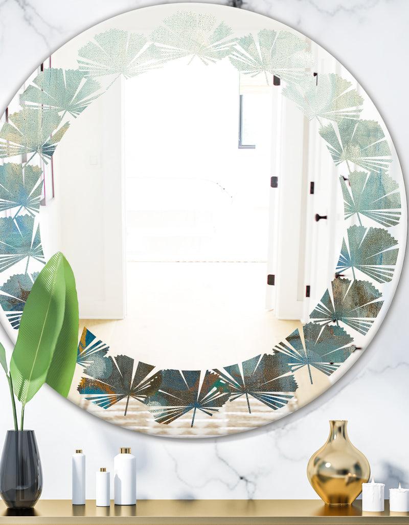 DesignQ Blue and Bronze Dots On Glass II - Modern Round or Oval Wall Mirror - Leaves