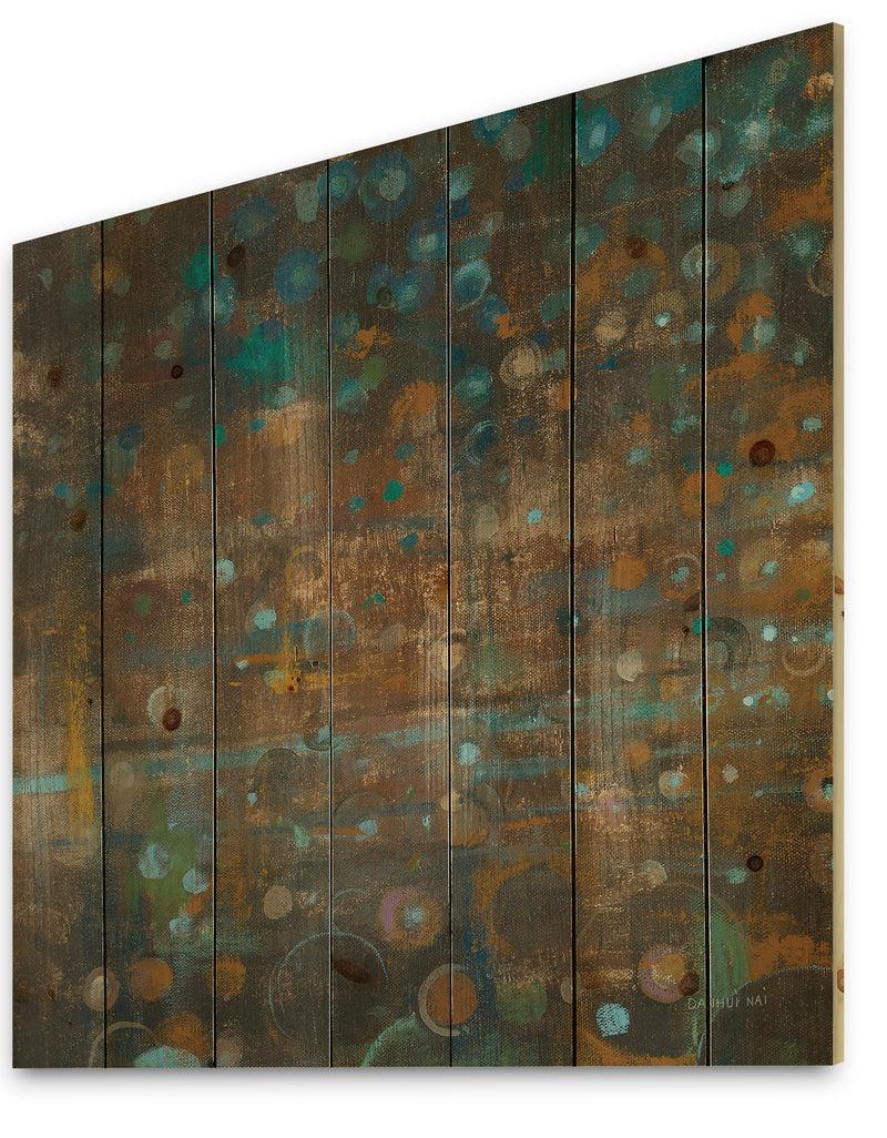 DesignQ Blue And Bronze Dots On Glass III - Cabin & Lodge Print On Natural Pine Wood