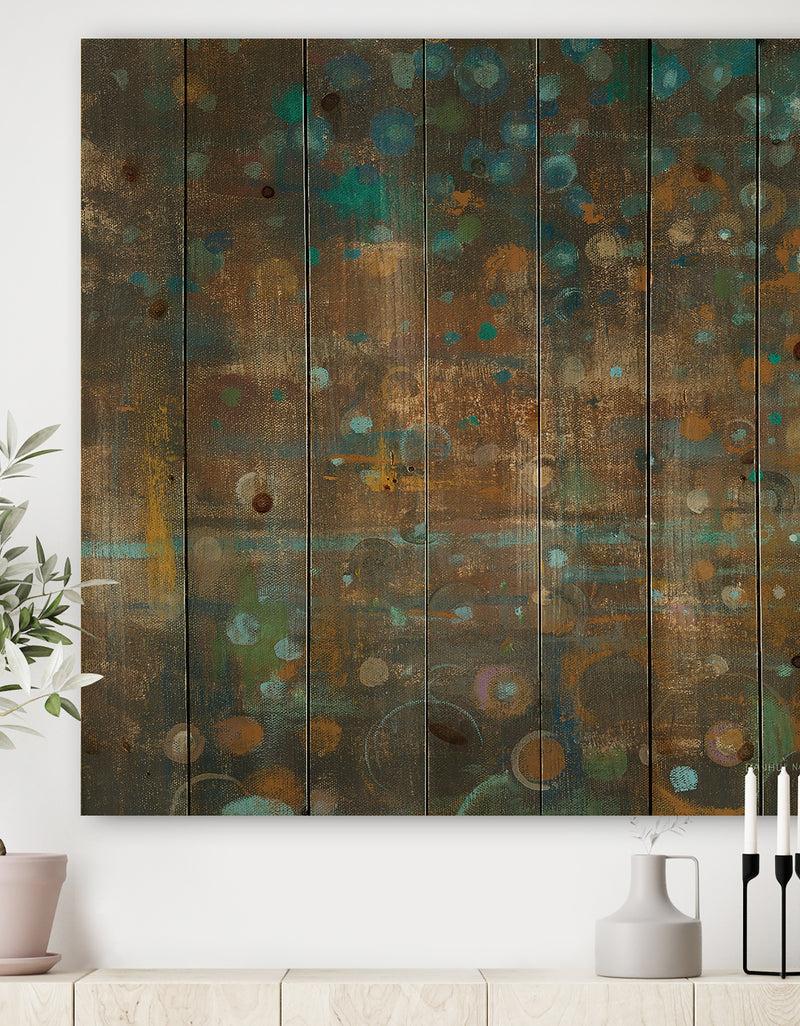 DesignQ Blue and Bronze Dots on Glass III - Cabin & Lodge Print on Natural Pine Wood