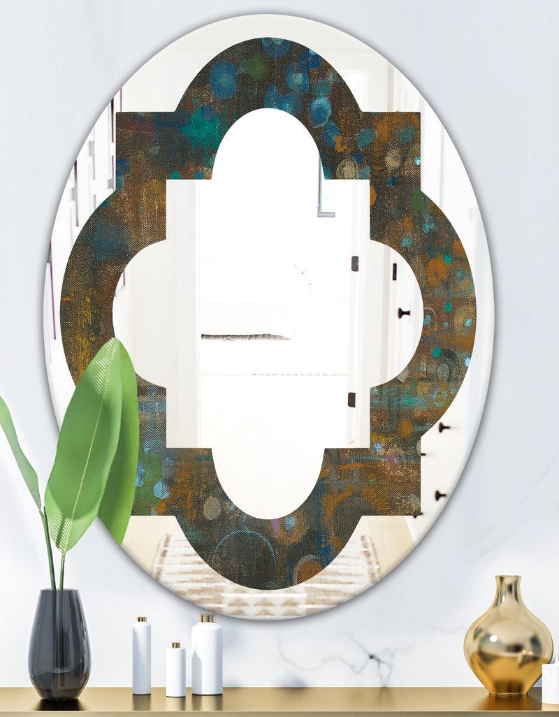 DesignQ Blue And Bronze Dots On Glass III - Modern Round Or Oval Wall Mirror - Quatrefoil