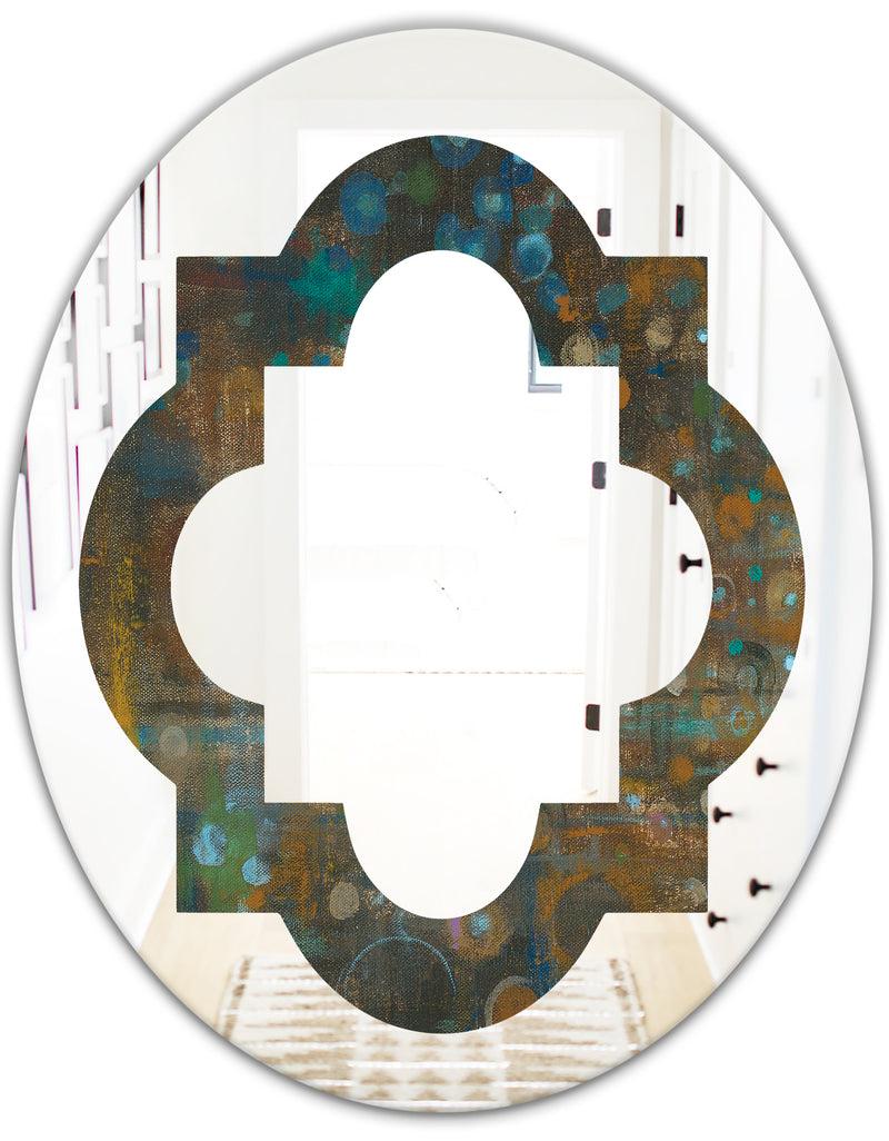 DesignQ Blue And Bronze Dots On Glass III - Modern Round Or Oval Wall Mirror - Quatrefoil