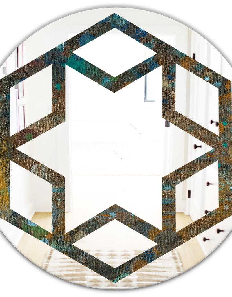 DesignQ Blue And Bronze Dots On Glass III - Modern Round Or Oval Wall Mirror - Hexagon Star
