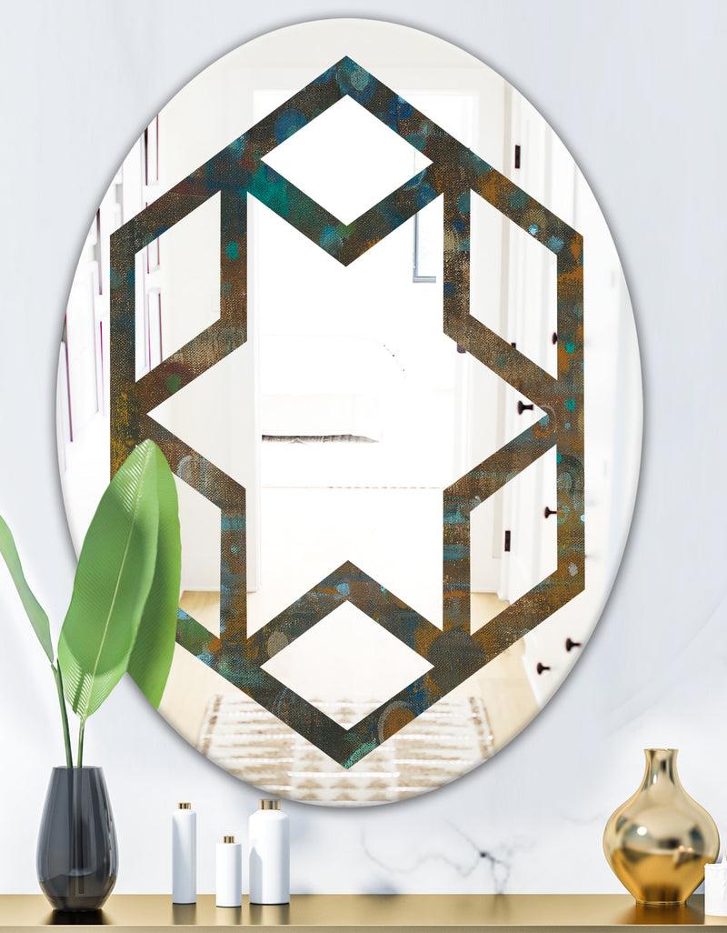DesignQ Blue And Bronze Dots On Glass III - Modern Round Or Oval Wall Mirror - Hexagon Star