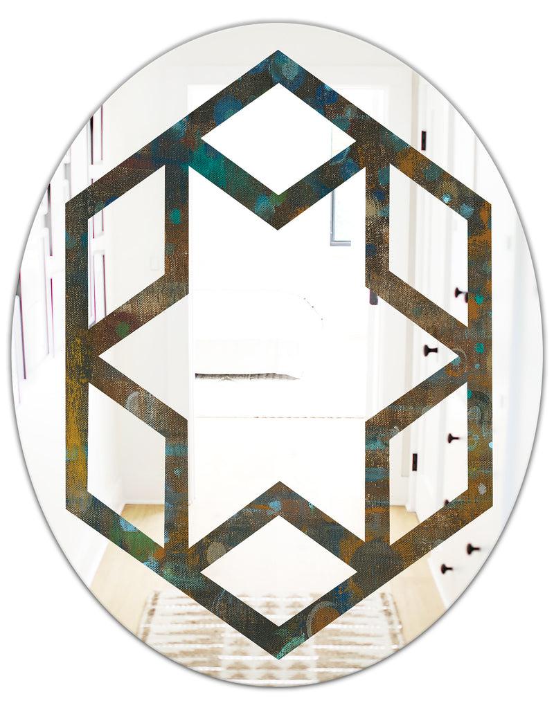DesignQ Blue And Bronze Dots On Glass III - Modern Round Or Oval Wall Mirror - Hexagon Star