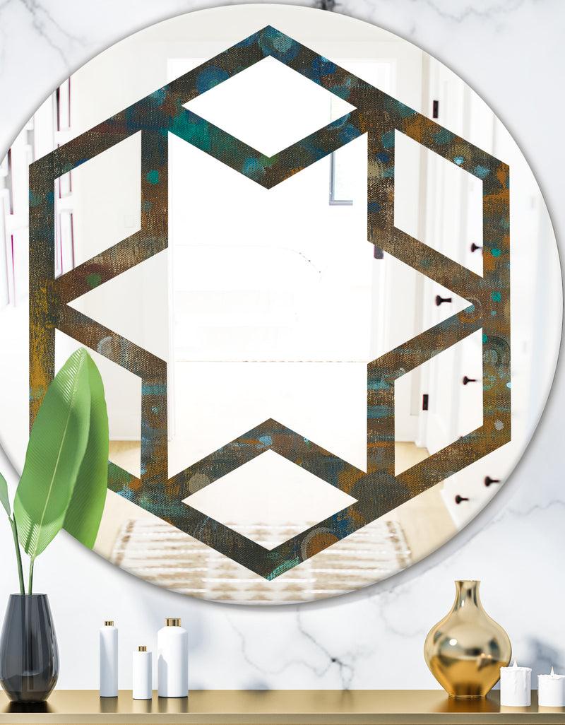 DesignQ Blue and Bronze Dots on Glass III - Modern Round or Oval Wall Mirror - Hexagon Star