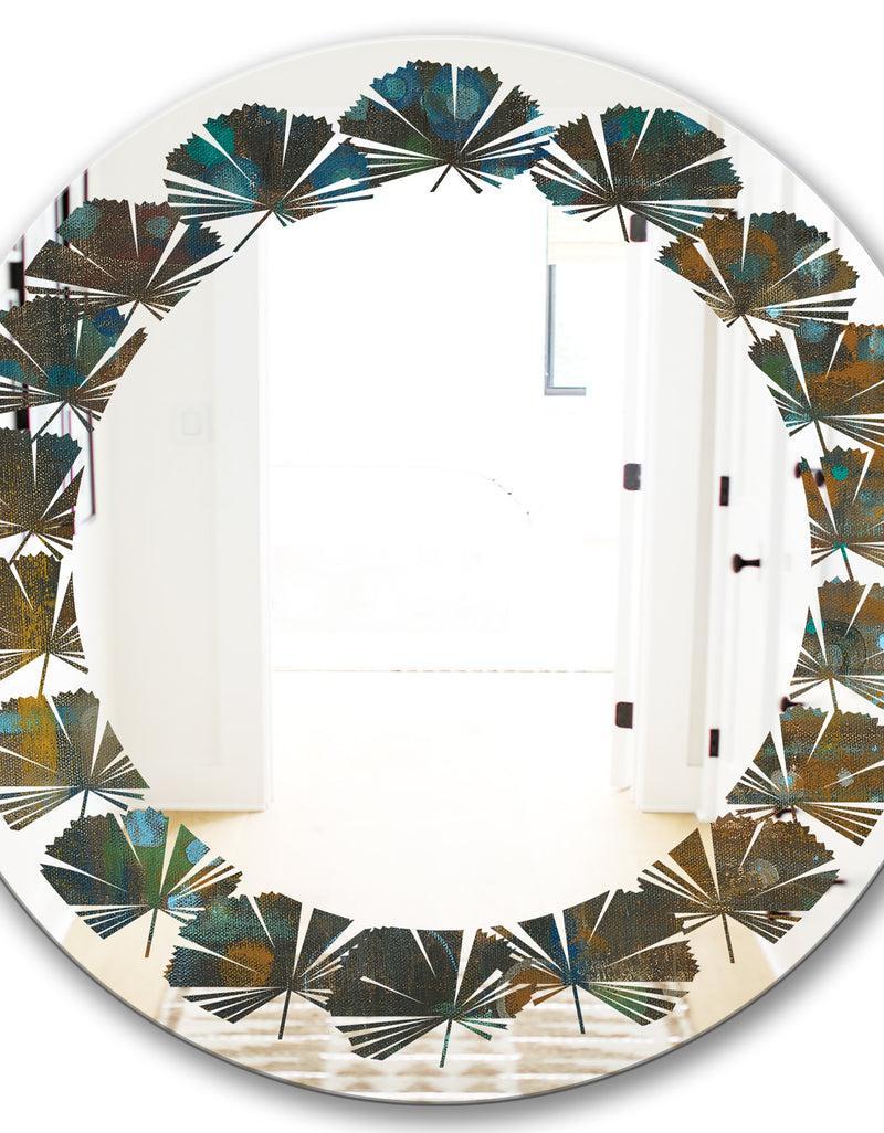 DesignQ Blue And Bronze Dots On Glass III - Modern Round Or Oval Wall Mirror - Leaves