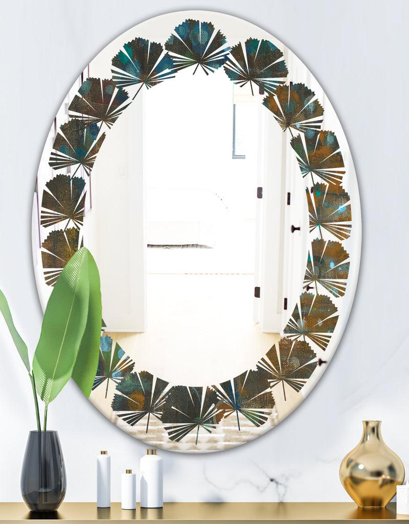 DesignQ Blue And Bronze Dots On Glass III - Modern Round Or Oval Wall Mirror - Leaves