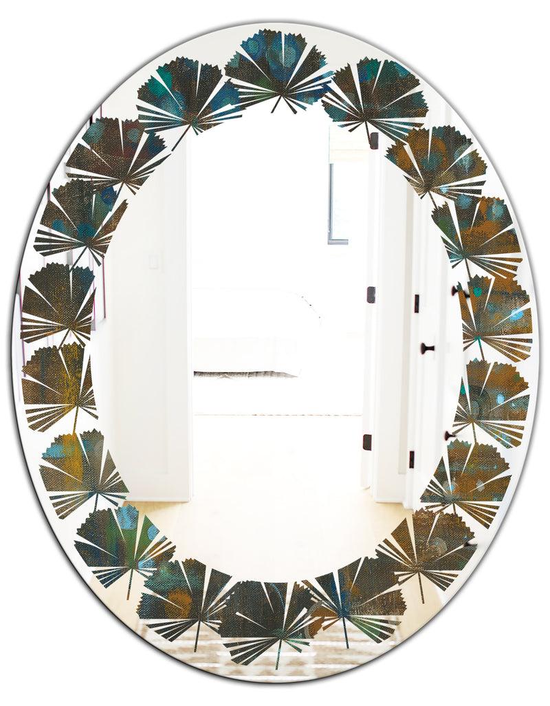 DesignQ Blue And Bronze Dots On Glass III - Modern Round Or Oval Wall Mirror - Leaves