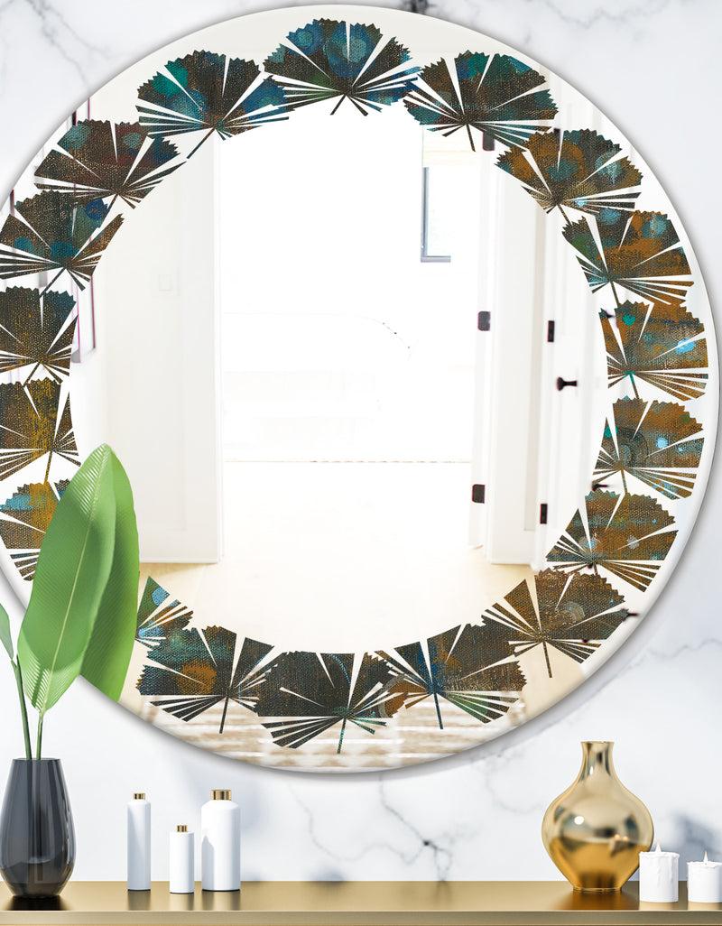 DesignQ Blue and Bronze Dots on Glass III - Modern Round or Oval Wall Mirror - Leaves