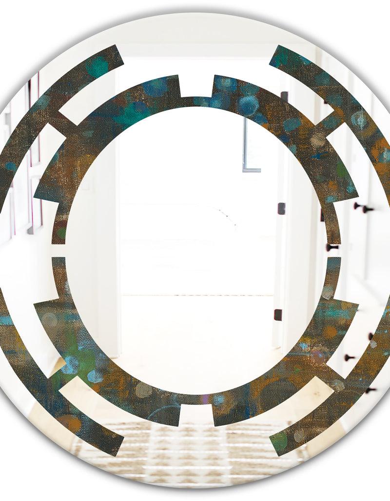 DesignQ Blue And Bronze Dots On Glass III - Modern Round Or Oval Wall Mirror - Space