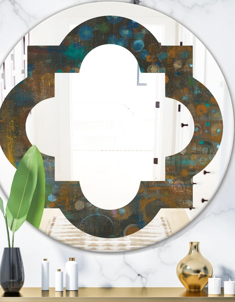 DesignQ Blue and Bronze Dots on Glass III - Modern Round or Oval Wall Mirror - Quatrefoil