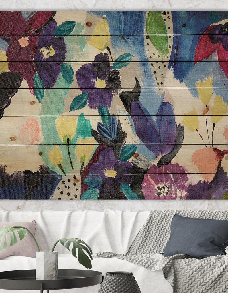 DesignQ Blue and Purple Flower Composition I - Floral Print on Natural Pine Wood
