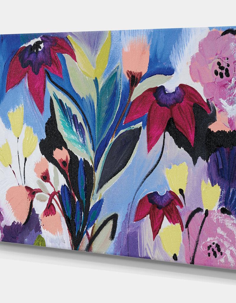 DesignQ Blue And Purple Flower Composition II - Floral Premium Canvas Wall Art