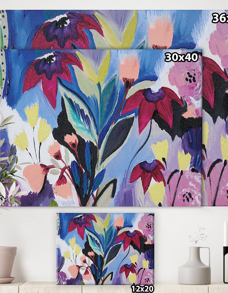 DesignQ Blue And Purple Flower Composition II - Floral Premium Canvas Wall Art