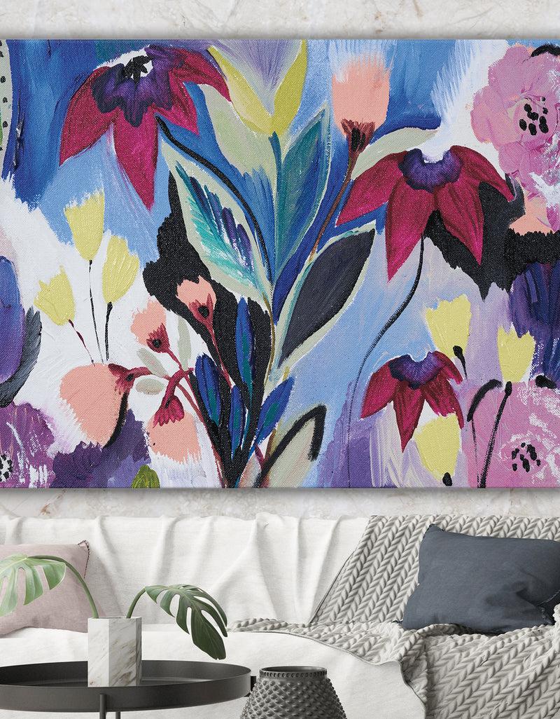 DesignQ Blue And Purple Flower Composition II - Floral Premium Canvas Wall Art