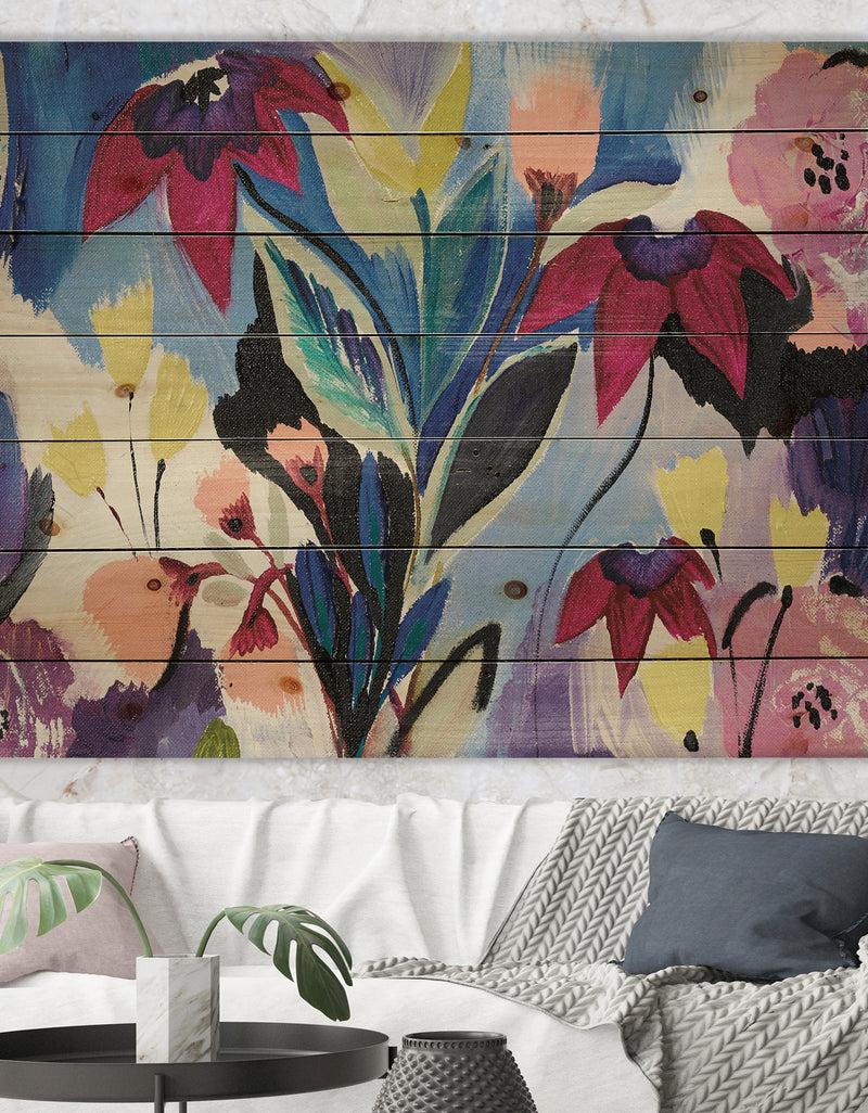 DesignQ Blue and Purple Flower Composition II - Floral Print on Natural Pine Wood