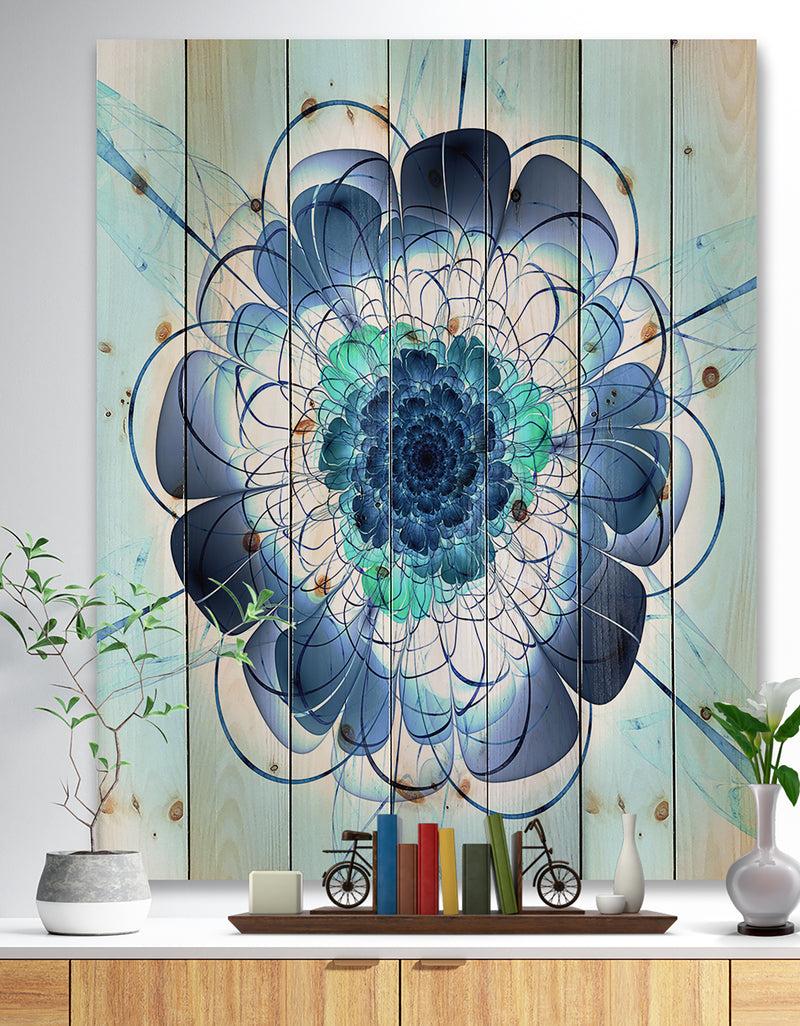 DesignQ Blue and Purple Rounded Flower - Floral Art Print on Natural Pine Wood