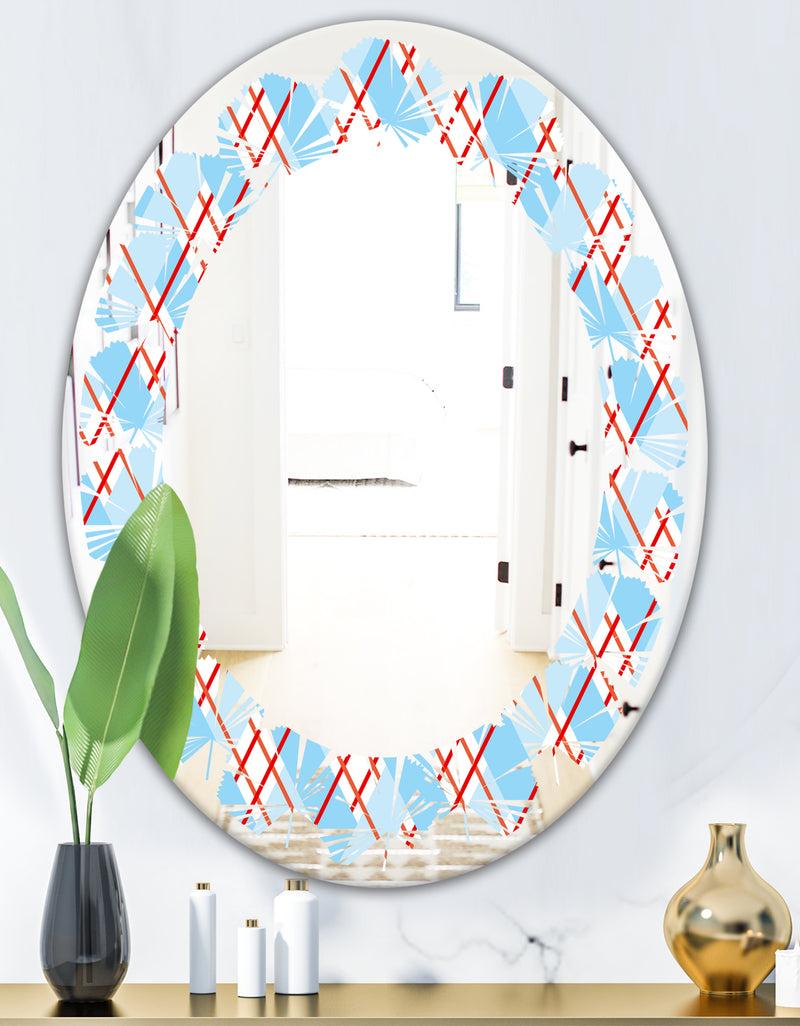 DesignQ Blue And Red Plaid - Modern Round Or Oval Wall Mirror - Leaves